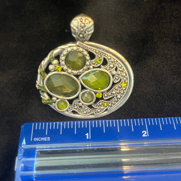 Silver-tone and Green Stone 2" Vintage Pendant - Picture 2 of 4
